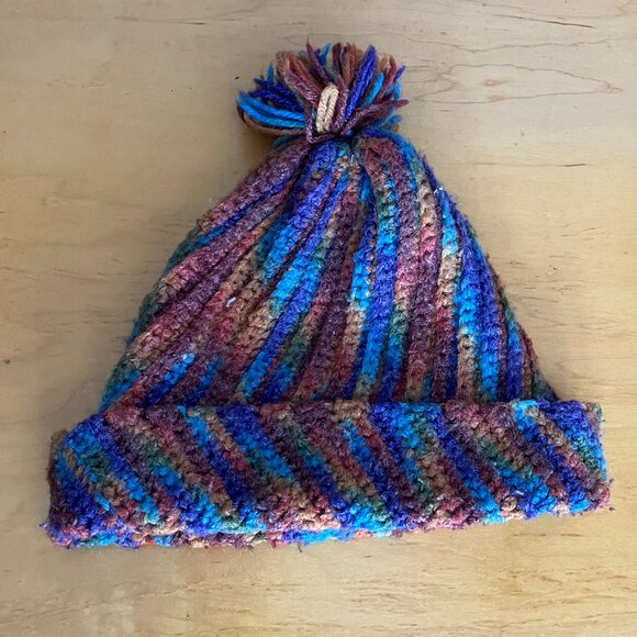 Artisan Handmade Ribbed Pom Pom Hat – Vibrant Self-Striping Yarn OS - Picture 6 of 7